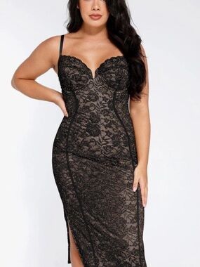 POPILUSH Black Lace Bodycon built in shapewear dress